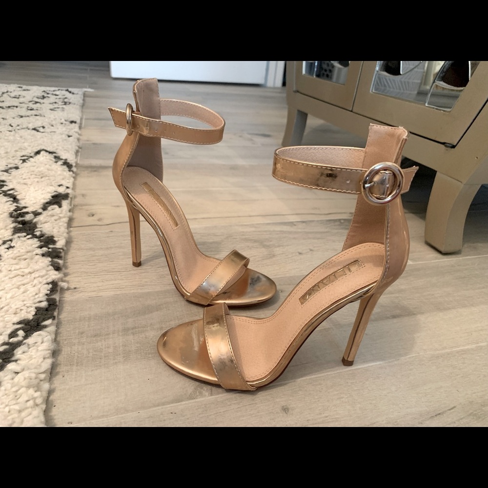 Rose gold metallic strap heels